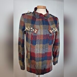 CABI Plaid Pearl-Trim Jean Jacket in Blue, Red, Tan